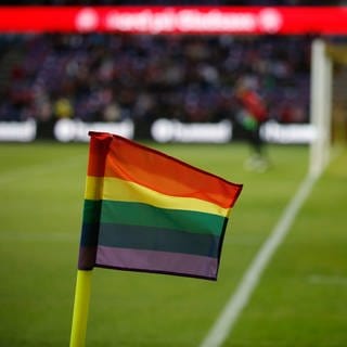 Fußball: Länderspiele, Dänemark - Deutschland am 06.06.2017 im Bröndby Stadion in Bröndby bei Kopenhagen (Dänemark). Eine Regenbogenfahne als Zeichen gegen Homophobie dient als Eckfahne.