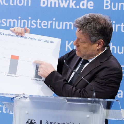 Robert Habeck (Bündnis 90Die Grünen), Bundesminister für Wirtschaft und Klimaschutz, stellt bei einer Pressekonferenz die Treibhausgasemissionsdaten 2023 und den Projektionsdaten bis 2030 vor.