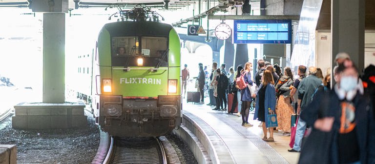 Flixtrain fährt in Bahnhof ein (Foto: dpa Bildfunk, Picture Alliance)