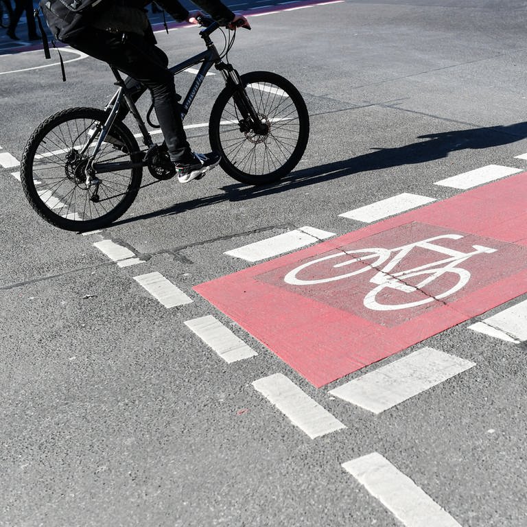 Ein Radfahrer fährt auf einer Straße neben einer rot markierten Radweg. (Foto: dpa Bildfunk, picture alliance/dpa/dpa-Zentralbild | Jens Kalaene)