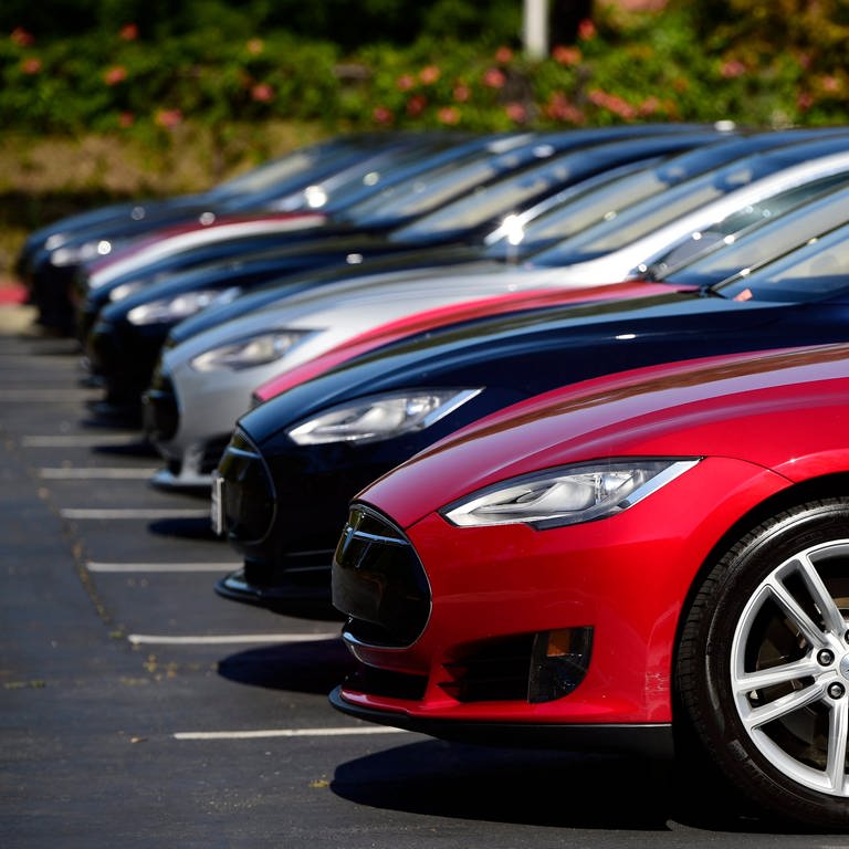 Mehrere Autos des US-Herstellers Tesla stehen in einer Reihe (Foto: dpa Bildfunk, picture alliance/dpa | John G. Mabanglo)