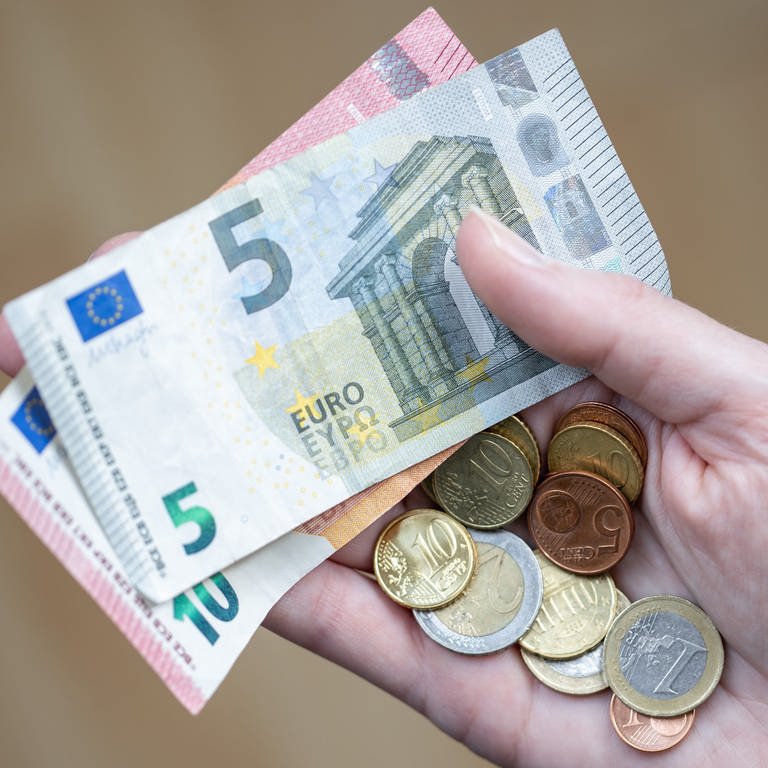 In einer Hand liegen etwa 20 Euro - aufteilt in Münzen und je einem 5- und 10-Euro-Schein. (Foto: dpa Bildfunk, picture alliance/dpa | Daniel Karmann)