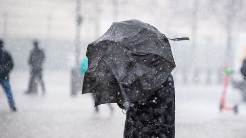 Ein Mann steht mit einem Regenschirm bei Schneegestöber  (Foto: dpa Bildfunk, picture alliance/dpa | Christophe Gateau)