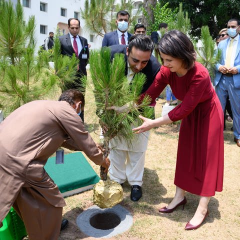 Annalena Baerbock pflanzt Baum mit pakistanischem Amtskollegen (Foto: picture-alliance / Reportdienste, picture alliance/dpa | Bernd von Jutrczenka)