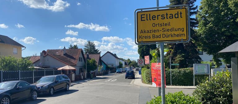 Ellerstadt im Kreis Bad Dürkheim, Ortsschild am Ortseingang, Straße mit Häusern (Foto: SWR)