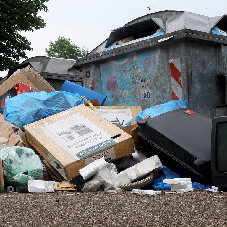 Altpapiercontainer, Müllabladeplatz , illegale Entsorgung von Abfall, Fernsehgeräten, Teppichen ,Koffern ,Farbeimern und Plastikmüll. (Foto: IMAGO, IMAGO / Udo Gottschalk)