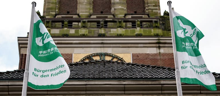 Vor dem Kieler Rathaus wehen Flaggen mit dem Schriftzug «Bürgermeister für den Frieden». (Foto: dpa Bildfunk, picture alliance/dpa | Axel Heimken)