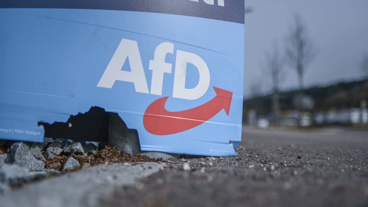 Zerstörtes Wahlplakat der Partei AfD Alternative für Deutschland zur Landtagswahl