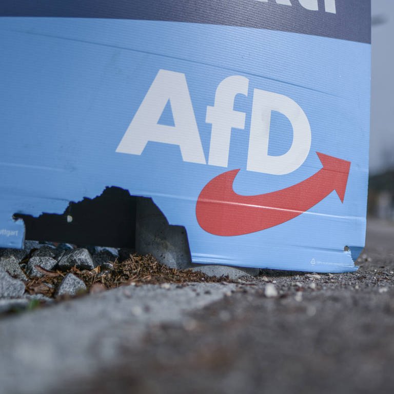 Zerstörtes Wahlplakat der Partei AfD Alternative für Deutschland zur Landtagswahl (Foto: IMAGO, IMAGO / onw-images)