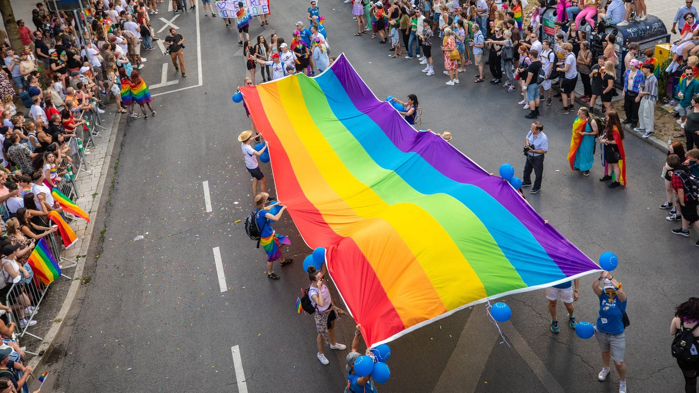 Zahlreiche Menschen tragen eine große Regenbogen-Flagge (Foto: dpa Bildfunk, picture alliance/dpa | Christoph Schmidt)