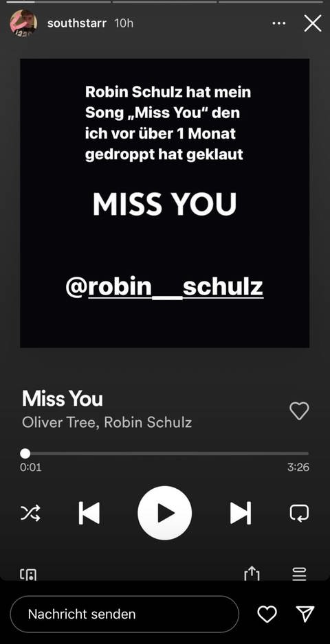 Southstar wirft Robin Schulz vor, seinen Song "Miss You" geklaut zu haben. (Foto: Screenshot Instagram @southstarr)