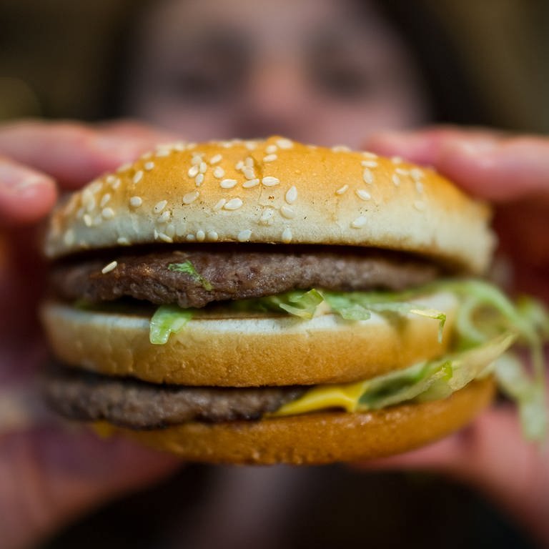 Eine junge Frau hält am 21.04.2015 einen Big Mac in einer McDonald's Filiale in Mühlheim am Main (Hessen). (Foto: dpa Bildfunk, picture alliance / Christoph Schmidt/dpa | Christoph Schmidt)