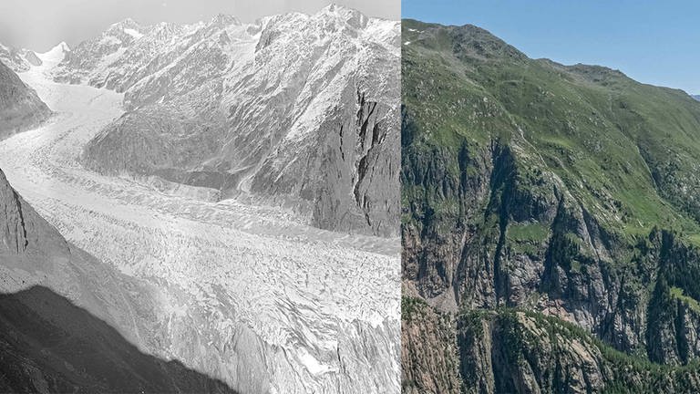 Das Bild zeigt den Fieschergletscher in den Jahren 1928 (l) und 2021. (Foto: dpa Bildfunk, picture alliance/dpa/swisstopo/VAW/ETH Zürich | -)