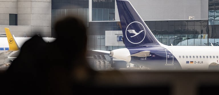 Blick auf das Heck einer Lufthansa Maschine, im Vordergrund sind zwei Personen am Frankfurter Flughafen. (Foto: dpa Bildfunk, picture alliance/dpa | Hannes P Albert)
