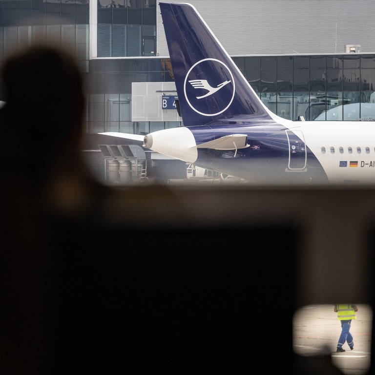 Blick auf das Heck einer Lufthansa Maschine, im Vordergrund sind zwei Personen am Frankfurter Flughafen. (Foto: dpa Bildfunk, picture alliance/dpa | Hannes P Albert)