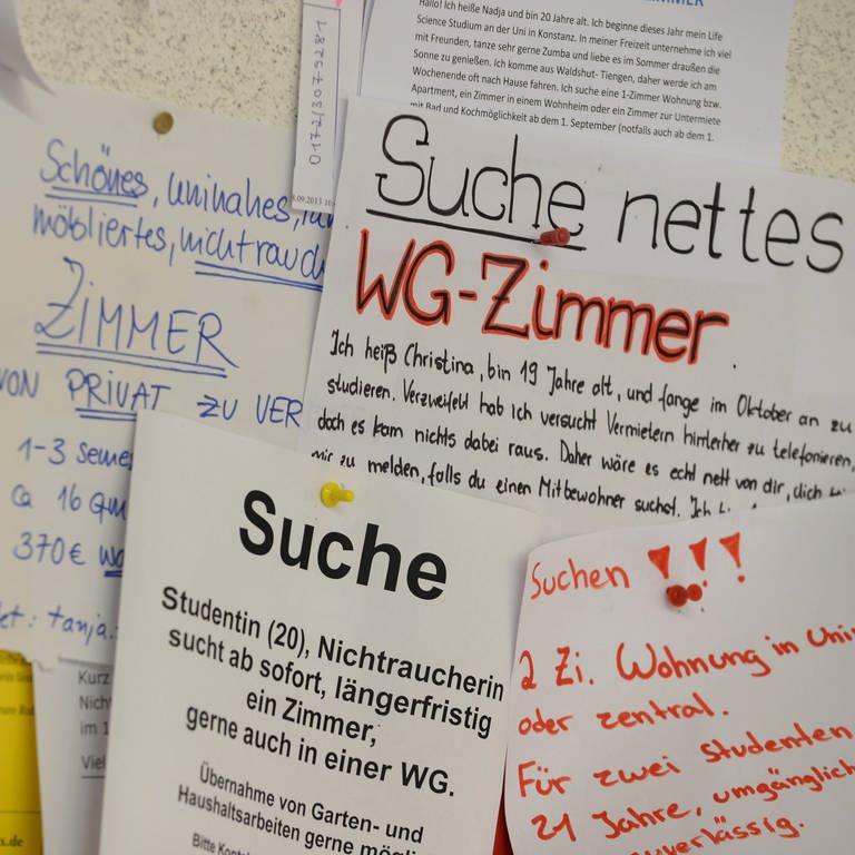 Mehrere Wohnungsgesuche hängen am 11.10.2013 am Schwarzen Brett der Universität in Konstanz (Baden-Württemberg).  (Foto: dpa Bildfunk, picture alliance / dpa | Felix Kästle)