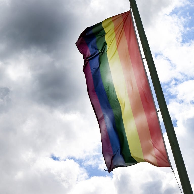 Eine Regenbogenflagge weht an einem Flaggenmast, im Hintergrund sind eher dunkle Wolken am Himmel zu sehen. (Foto: dpa Bildfunk, picture alliance/dpa | Federico Gambarini)