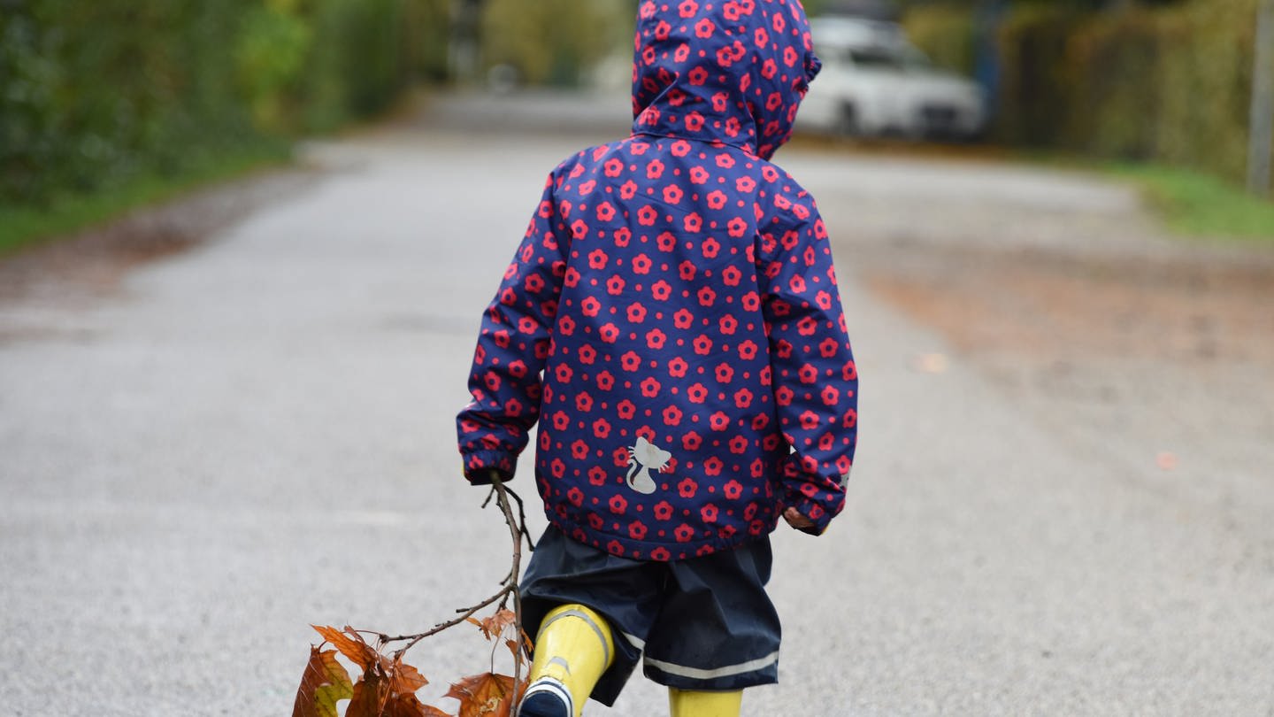 Ein kleines Mädchen läuft in Regenkleidung und hält mit einem Ast herbstlich verfärbten Blätter.
