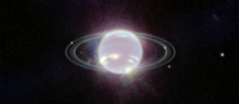 Der Planet Neptun schwebt im Zentrum einiger Ringe. Die Ringe wurden durch den Einsatz der Nahinfrarotkamera (NIRCam) zum ersten Mal seit mehr als drei Jahrzehnten in vollem Fokus sichtbar. (Foto: dpa Bildfunk, picture alliance/dpa/ESA/Webb | Space Telescope Science Institut)