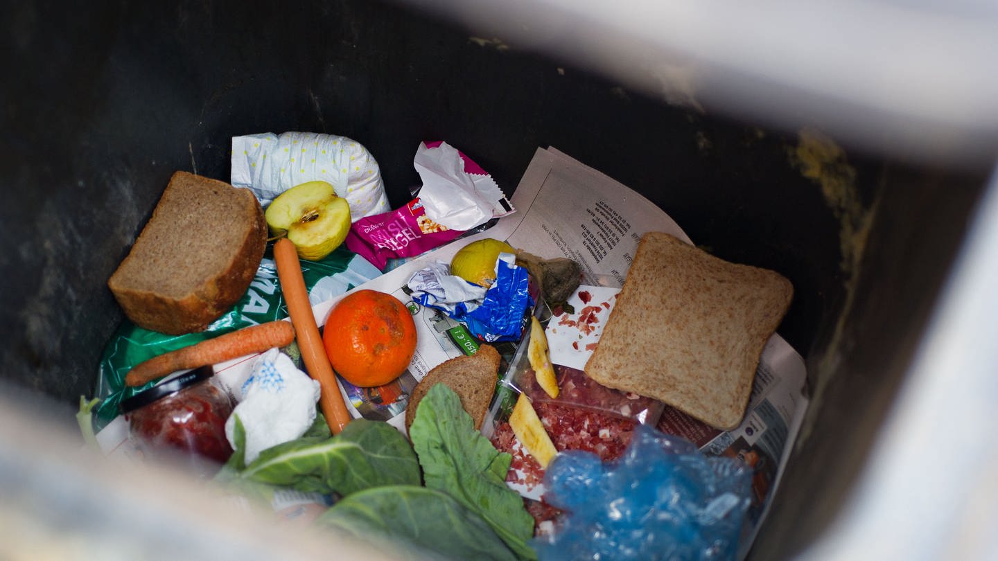 Lebensmittel wie Brot und Salat liegen in einer Mülltonne (Foto: dpa Bildfunk, picture alliance / dpa | Patrick Pleul)