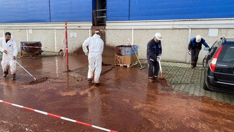 Personen wischen Kakao nach Brand bei Mannheimer Unternehmen Olam weg (Foto: SWR)