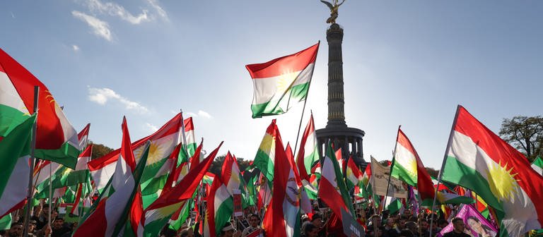 Sehr viele Menschen stehen mit Iran-Flaggen in der Hand am Großen Stern in Berlin und zeigen damit ihre Solidarität mit der Prostbewegung im Iran. (Foto: dpa Bildfunk, picture alliance/dpa | Jörg Carstensen)
