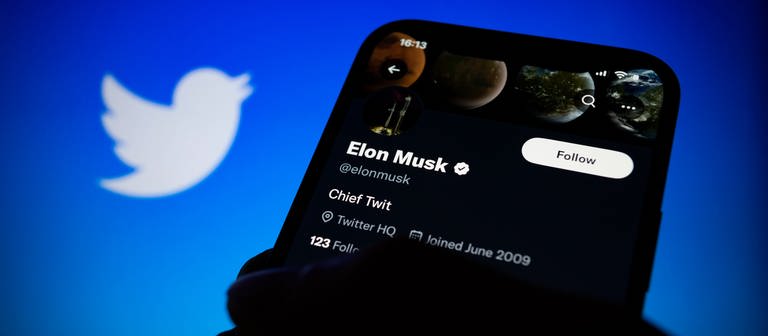 Das Twitter-Konto von Elon Musk (@elonmusk) wird auf einem Smartphone mit Twitter-Logo im Hintergrund angezeigt. (Foto: dpa Bildfunk, picture alliance/dpa/ZUMA Press Wire | Andre M. Chang)