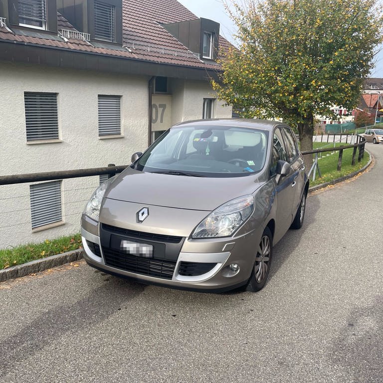 Ein Renault steht am Straßenrand in St. Gallen in der Schweiz. Der Wagen gehört einer 45-Jährigen Frau, die mit diesem drei Mal überfahren wurde. (Foto: Stadtpolizei St. Gallen)