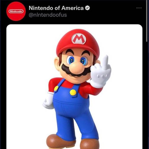 Ein Twitter-Account mit dem Namen "Nintendo of America" postet ein Foto von Super Mario, der einen Mittelfinger zeigt. (Foto: Screenshot Twitter @themattprov)