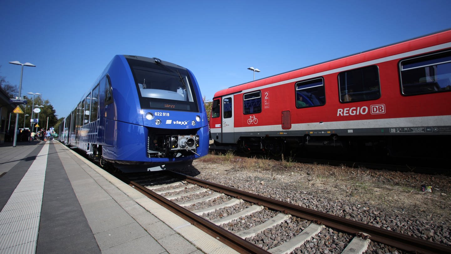 Ein blauer Vlexx-Zug steht an einem Bahnsteig, daneben eine rote Regionalbahn.