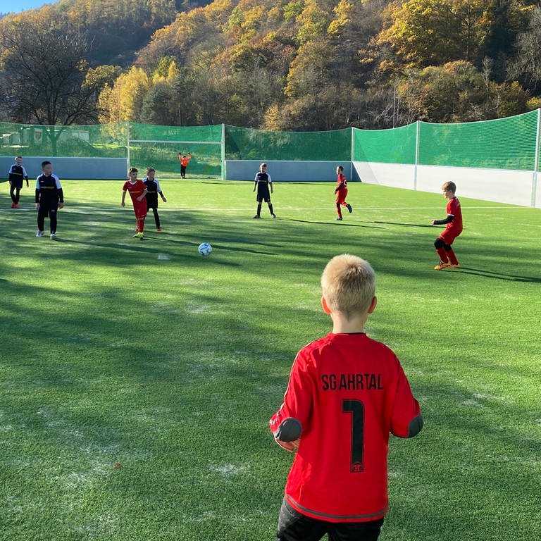 Kinder in roten und schwarzen Trikots spielen auf Fußball-Kleinfeld. (Foto: SWR)