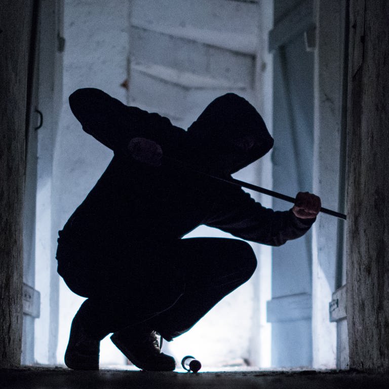Ein "Einbrecher" hebelt mit einem Brecheisen eine Tür im Keller eines Wohnhauses auf (gestellte Szene). (Foto: dpa Bildfunk, picture alliance/dpa | Silas Stein)