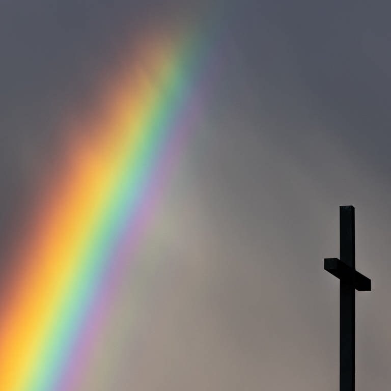 Ein kräftiger Regenbogen ist am dunklen Himmel neben dem Kreuz einer Kirche zu sehen. (Foto: dpa Bildfunk, picture alliance/dpa | Rolf Vennenbernd)