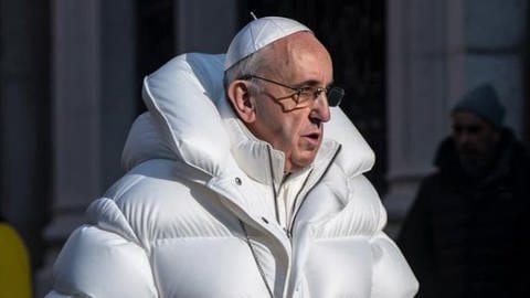 Ein Bild, das von einer künstlichen Intelligenz generiert wurde: Der Papst in einer weißen Daunenjacke. (Foto: Screenshot Twitter @elhotzo)