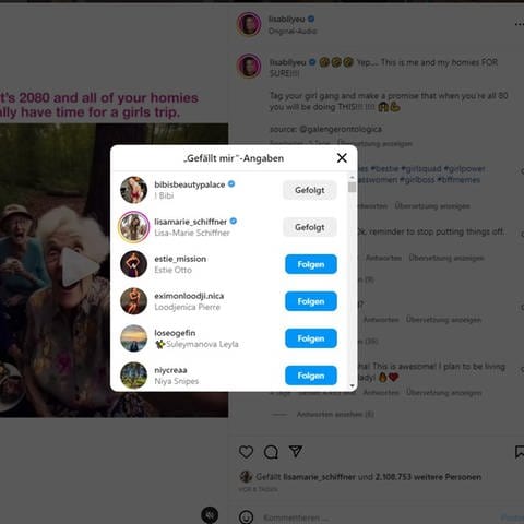 Screenshot von Bibis Like auf Instagram als bibisbeautypalace (Foto: Screenshot Instagram)