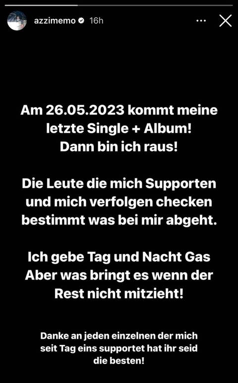 Auf Instagram kündigt der Deutschrapper Azzi Memo sein Karriereende an. Sein nächstes Album soll auch das letzte sein. (Foto: Instagram/azzimemo)