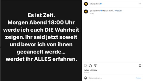 Influencer Julian Zietlow kündigt "Wahrheit" auf Instagram an, Samstag, 20.05.2023 um 18 Uhr (Foto: Instagram / @julianzietlow)