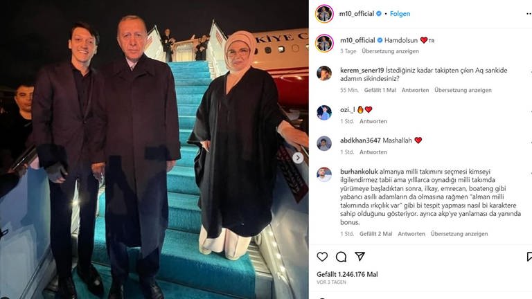 Nach der Wahl in der Türkei: Mesut Özil steht neben Recep Tayyip Erdogan und Präsidentengattin Emine Erdogan vor dem Flugzeug des Präsidenten (Foto: DASDING, Screenshot Instagram-Account Mesut Özil)