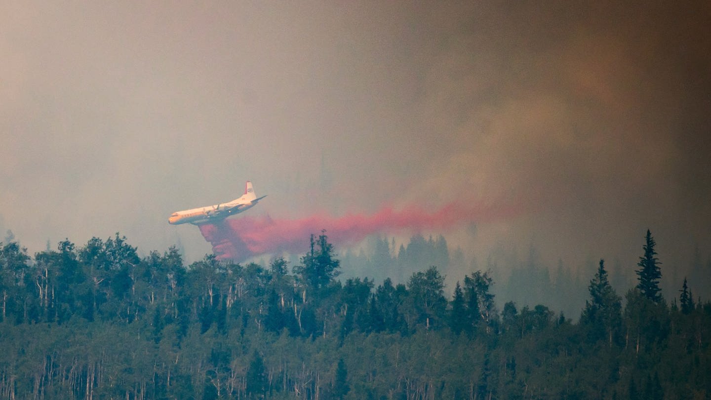 Ein Löschflugzeug ist im Einsatz, um einen Waldbrand in Kanada zu löschen. (Foto: dpa Bildfunk, picture alliance/dpa | Darryl Dyck)