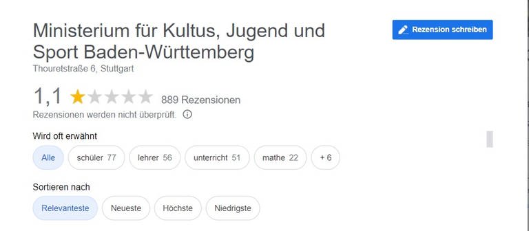 Das Kultusministerium Baden-Württemberg hat auf Google schlechte Bewertungen bekommen. (Foto: Screenshot Google )