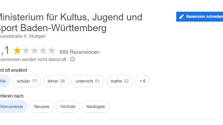 Das Kultusministerium Baden-Württemberg hat auf Google schlechte Bewertungen bekommen. (Foto: Screenshot Google)