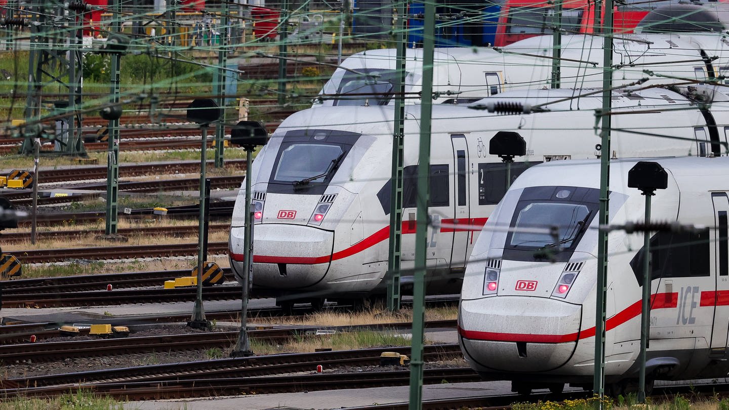 ICE-Züge der Deutschen Bahn (DB) stehen im Betriebswerk Stellingen auf den Gleisen. (Foto: dpa Bildfunk, picture alliance/dpa | Christian Charisius)