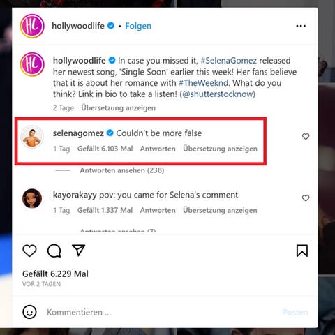 Screenshot von einem Kommentar auf Instagram: Selena Gomez schreibt, dass ihr neuer Song nicht über The Weeknd ist (Foto: Screenshot Instagram/@hollywoodlife)