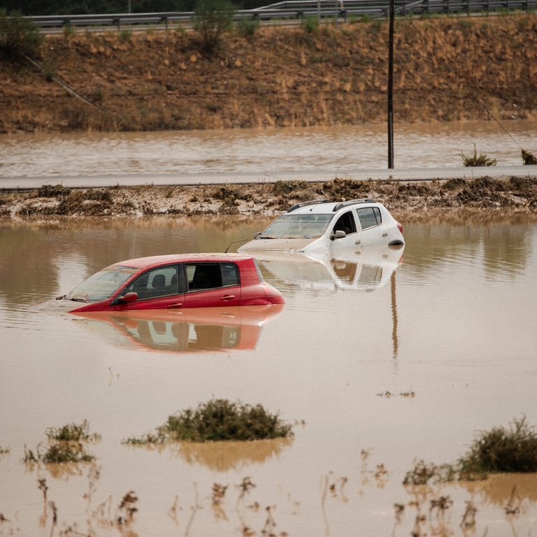 Zwei Autos stehen neben der A-42 in Bargas, Toledo, im Wasser.  (Foto: dpa Bildfunk, picture alliance/dpa/EUROPA PRESS | Mateo Lanzuela)