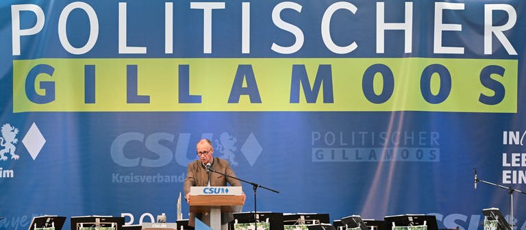 Friedrich Merz (M), Bundesvorsitzender der CDU, spricht beim Politischen Frühschoppen Gillamoos auf der Bühne (Foto: dpa Bildfunk, picture alliance/dpa | Sven Hoppe)