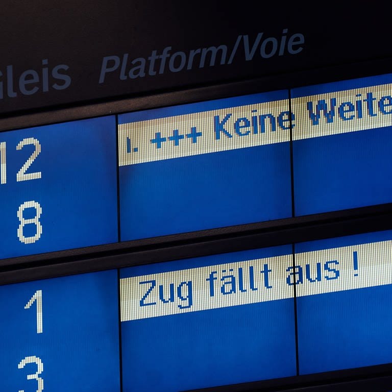 "Zug fällt aus" steht auf einer Anzeigetafel im Bahnhof - Die EVG hat einen 50-Stunden-Streik abgekündigt. Er geht von Sonntagabend bis Dienstagnacht. (Foto: dpa Bildfunk, picture alliance/dpa | Annette Riedl)