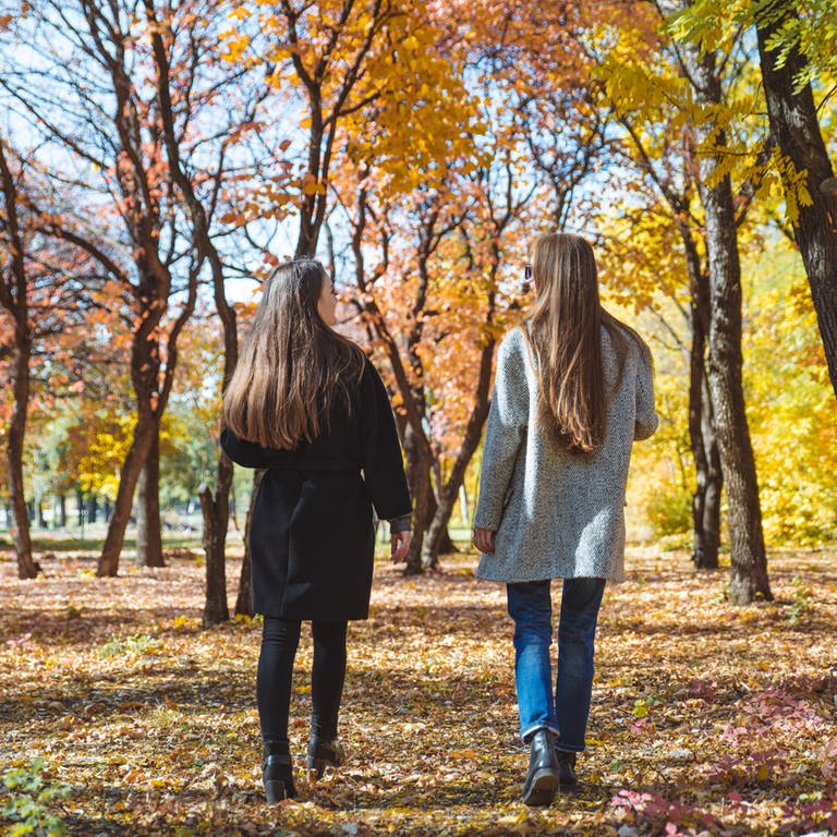Zwei junge Frauen laufen durch einen Wald im Herbst. (Foto: IMAGO, Pond5 Images)