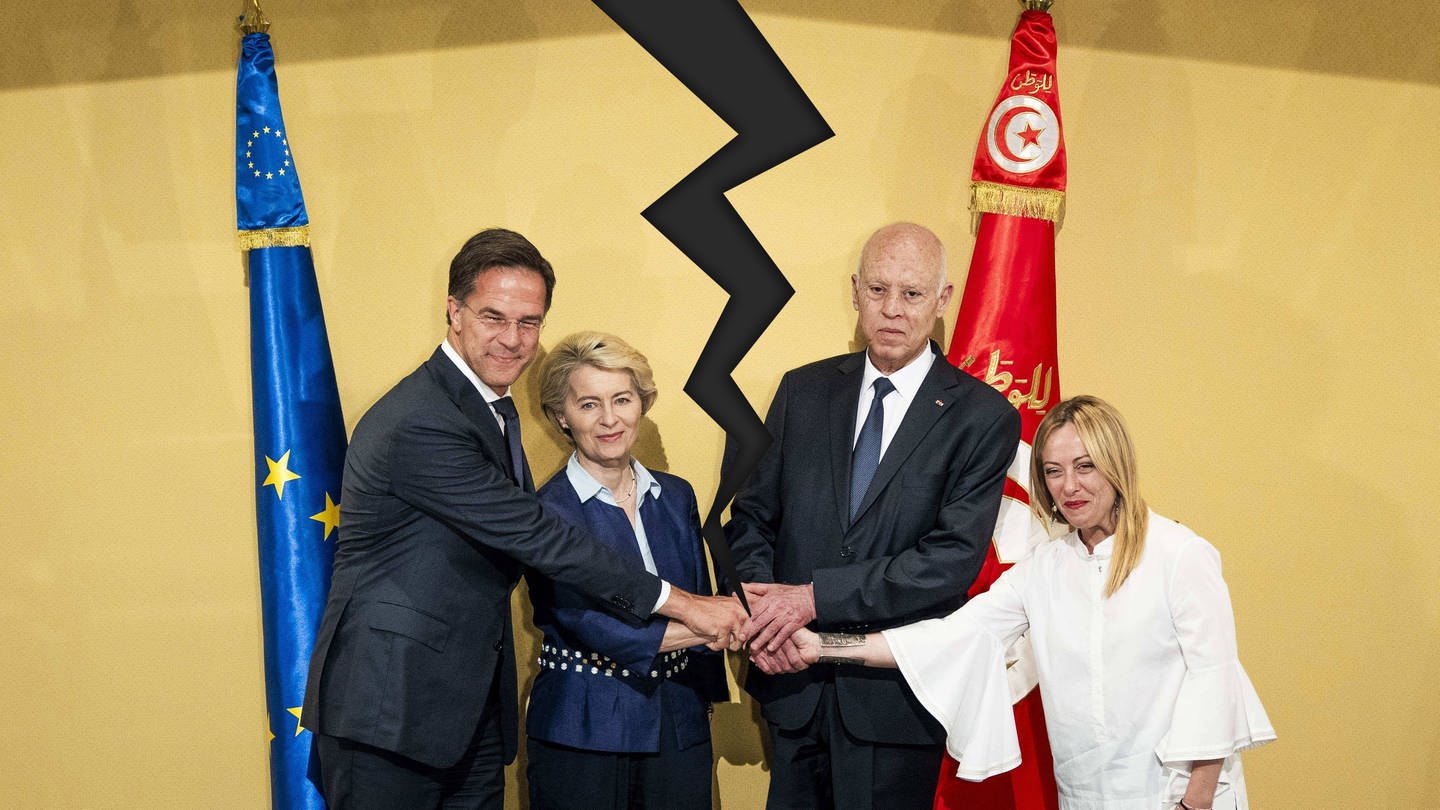 Am 16. Juli 2023 gab es ein Treffen zwischen Politikerinnen und Politikern der EU-Kommission mit dem tunesischen Präsidenten Kais Saied. Es wurde über ein mögliches Migrationsabkommen gesprochen. (Foto: SWR DASDING, IMAGO, IMAGO / ANP; DASDING (bearbeitet))