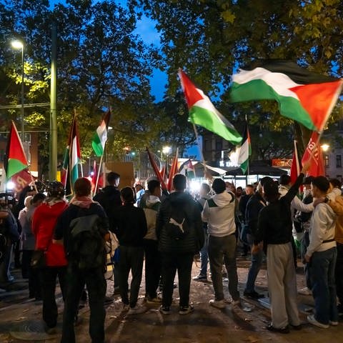 Demonstration für Solidarität mit den Palästinensern. Viele Menschen haben Palästina-Flaggen dabei. (Foto: IMAGO, IMAGO / Jochen Tack)