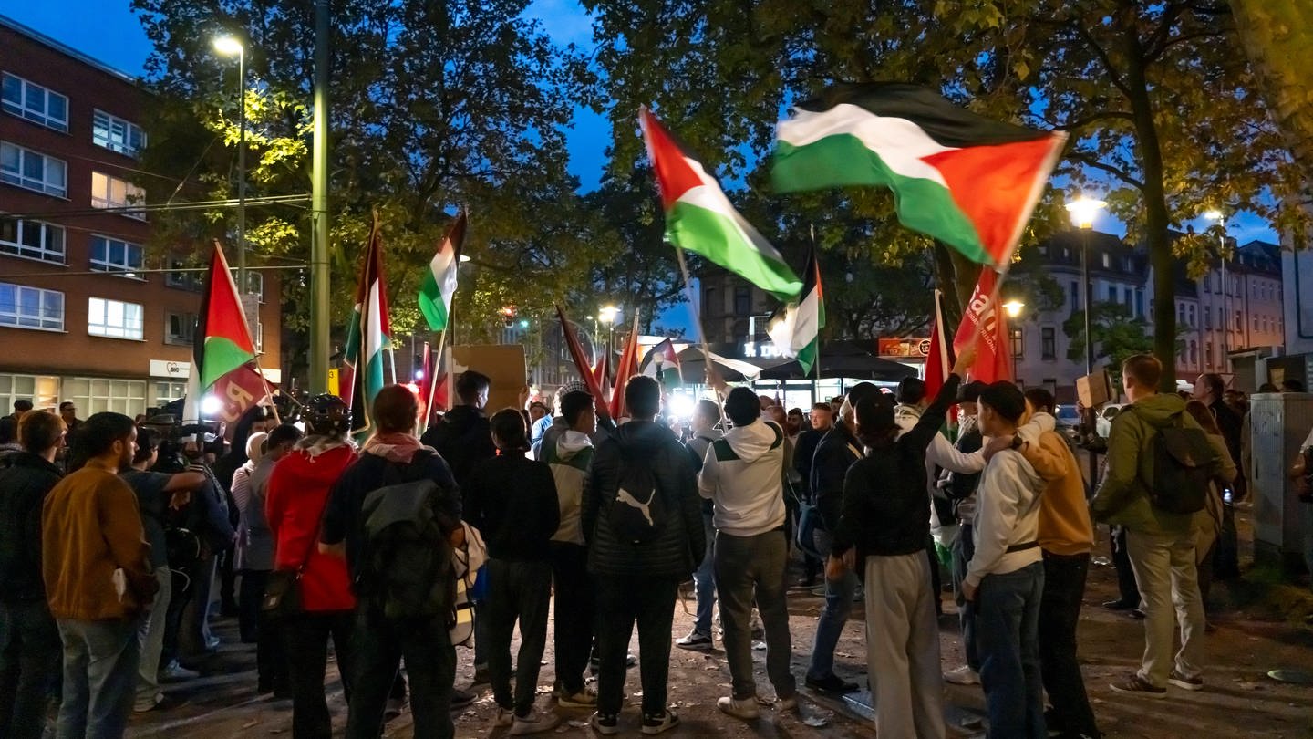 Demonstration für Solidarität mit den Palästinensern. Viele Menschen haben Palästina-Flaggen dabei. (Foto: IMAGO, IMAGO / Jochen Tack)